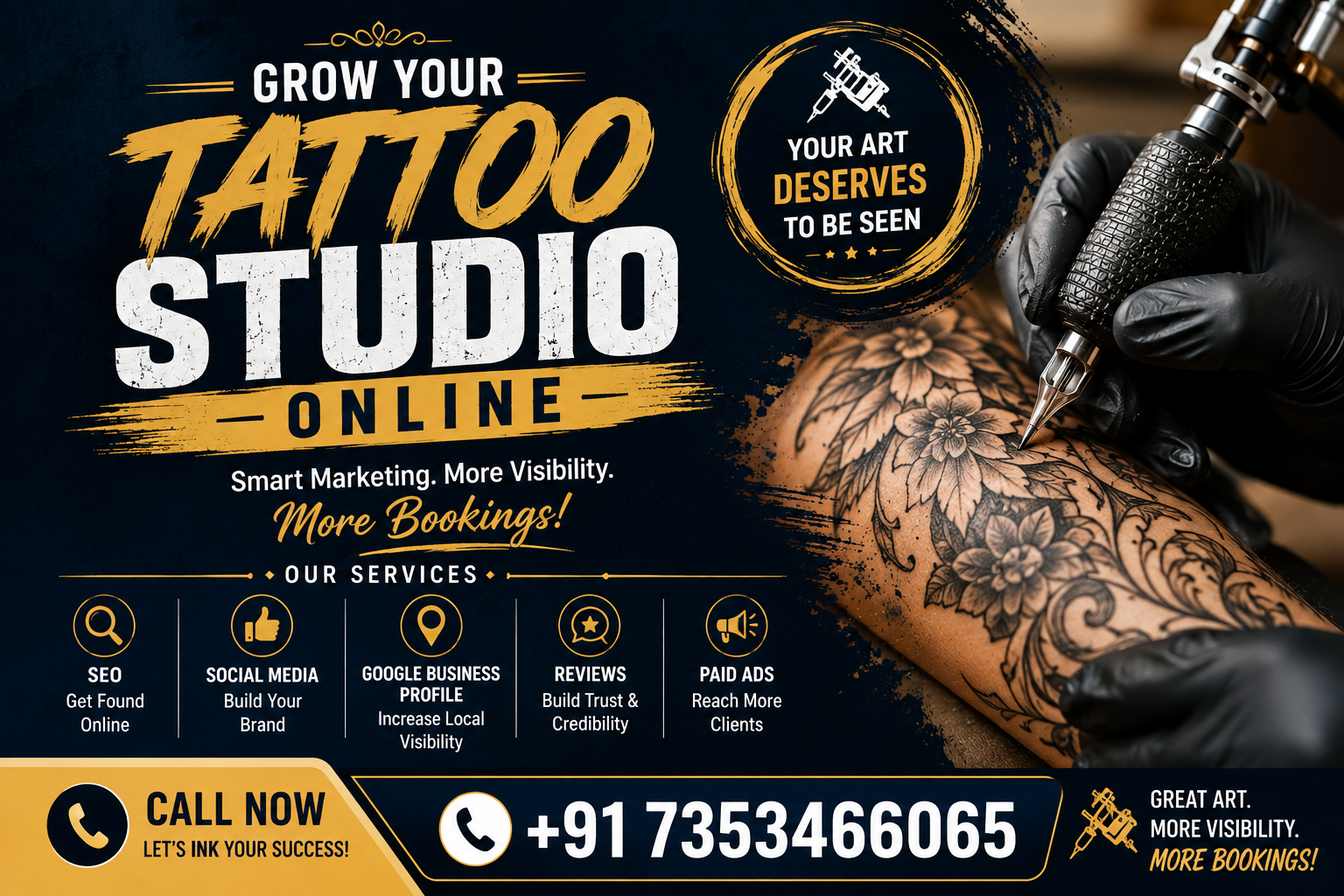 Tattoo studio online marketing banner promoting SEO, social media, Google Business Profile, reviews and paid ads